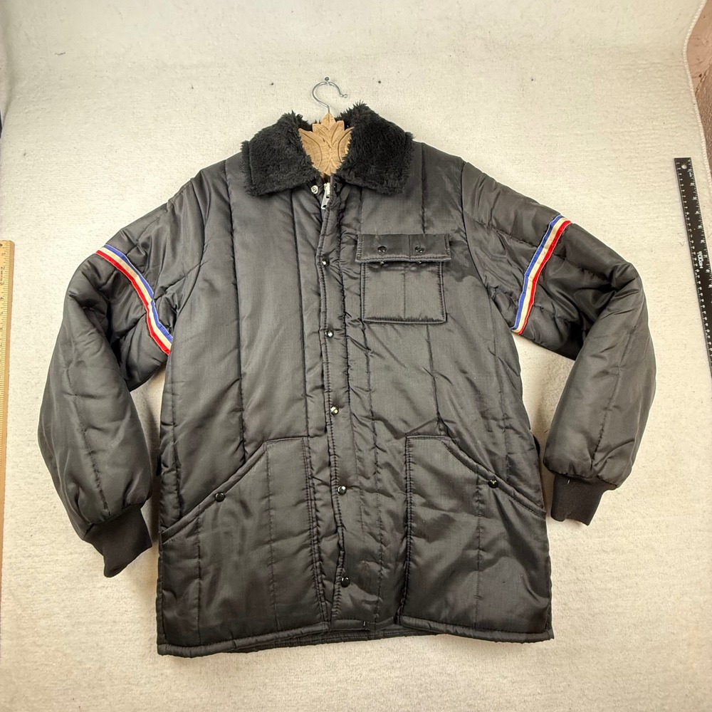 Vtg Sir James Black Puffer Jacket Faux Fur Collar Racing Stripe large Women 70s